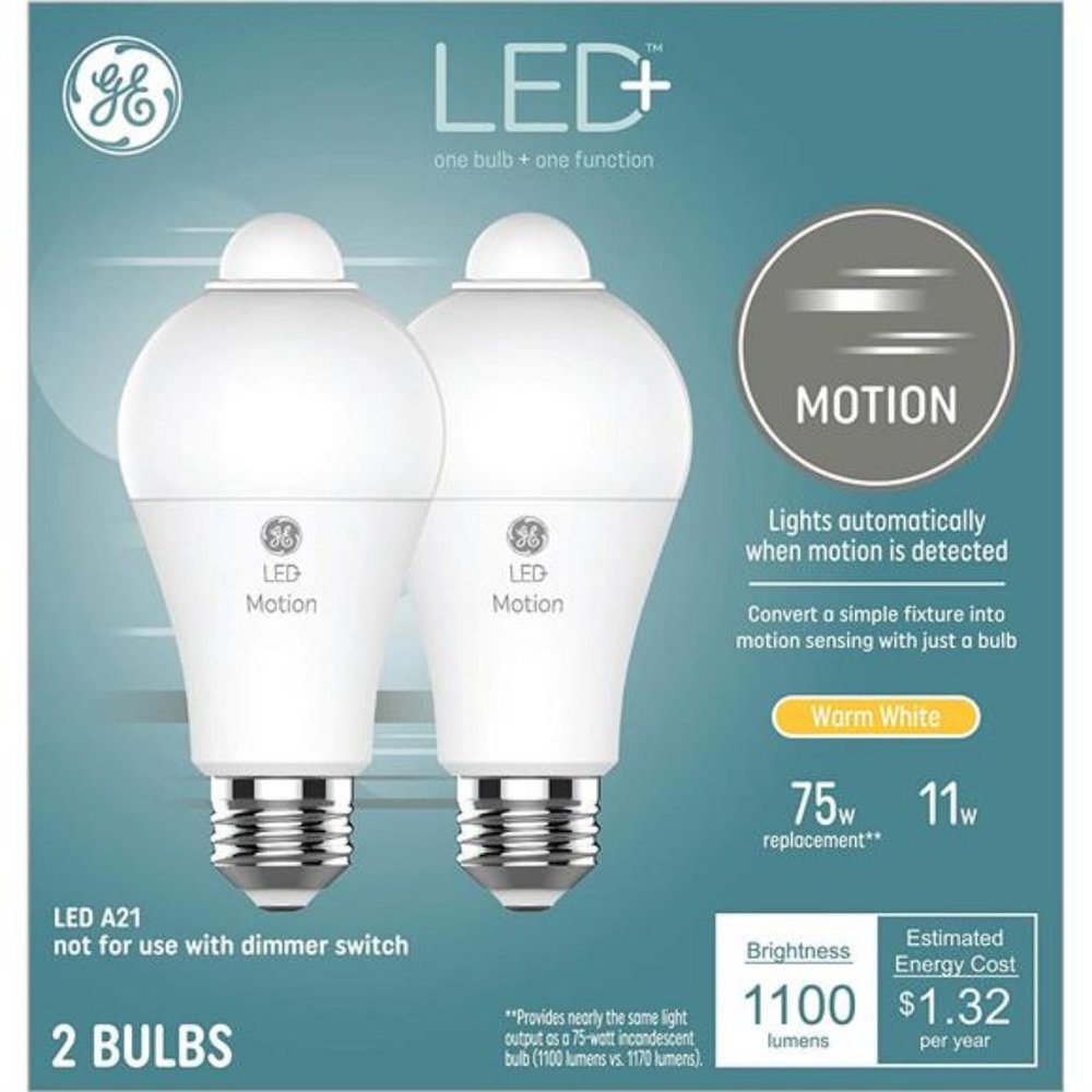 Motion Sensor Light Bulbs, Warm White, A21 Light Bulb - 2 Count (Pack of 1)
